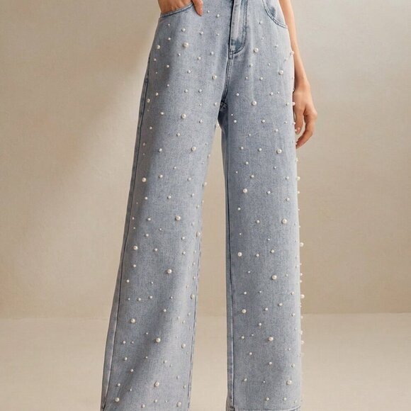 Teal Blue Casual Women's Pearl Decorated Denim Straight-Leg Pants - Picture 5 of 6